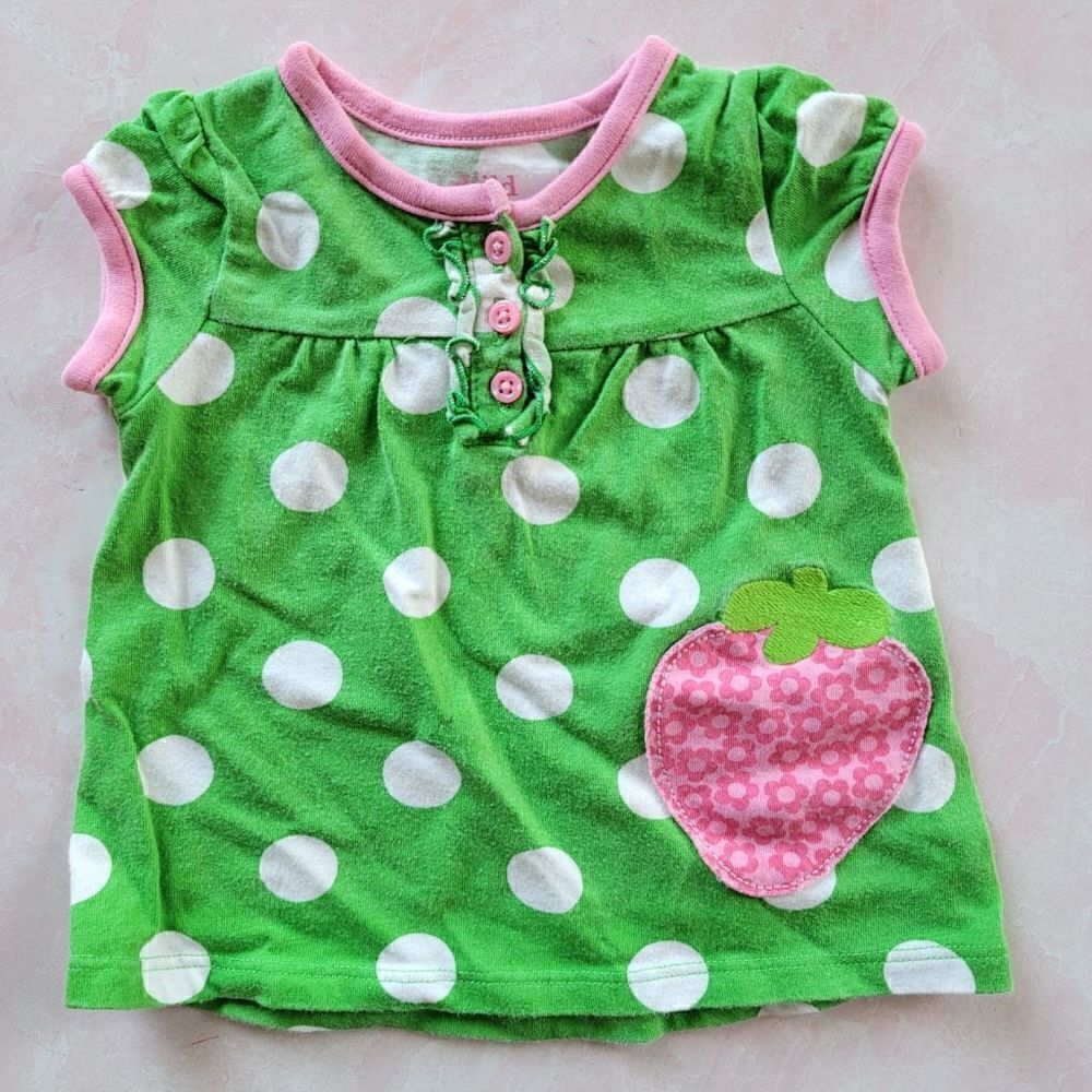 Child of mine 0-3 months baby girl green polka strawberry top short sleeve pink